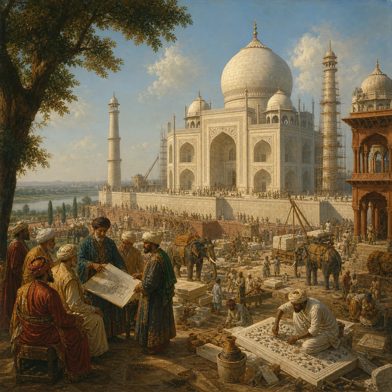 Builders recording the progress of a monumental structure