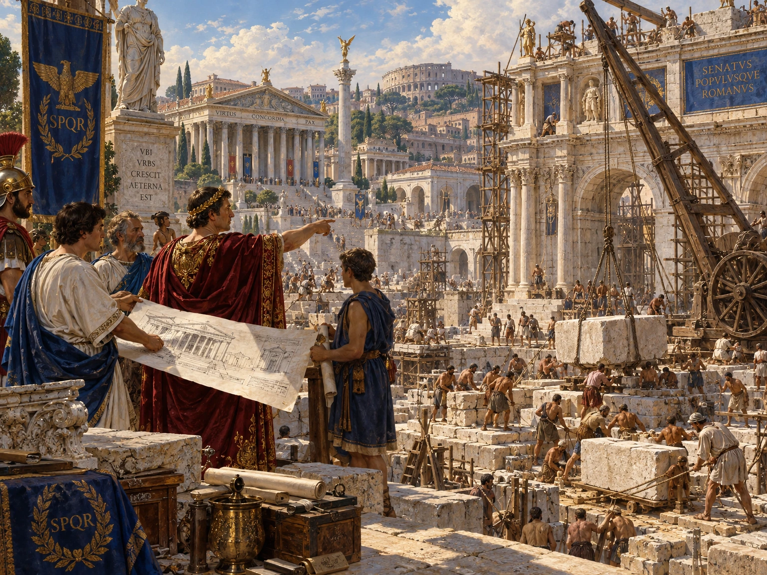 An illustrated Roman Forum under construction, with a patron gesturing while planners study a drawing