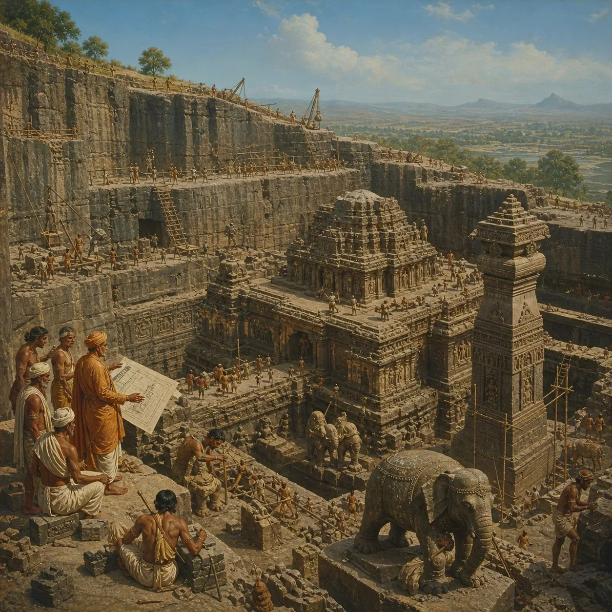A complex stone construction program progressing across many work fronts